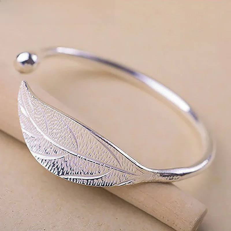Fashion 925 Sterling Silver Woman Cuff Bracelet Open Leaf Shaped Adjustable Charm Bangle Girls Party