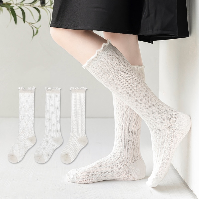 Baby Children Girl Lace Socks Black White Color Mesh Breathable School Student Uniform Sock Knee High Long Kids Princess Socks