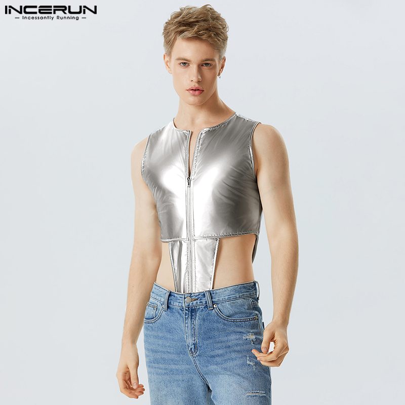 INCERUN 2023 Sexy Loungewear New Mens Bodysuits Stylish Male Mirror Leather High Fork Zipper Sleeveless Triangle Jumpsuits S-5XL