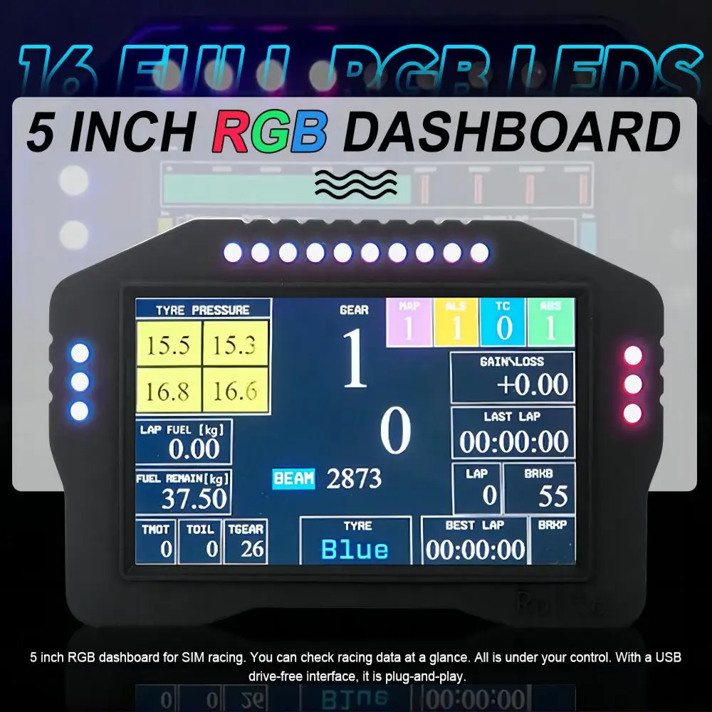 Sim Racing Dashboard 5Inch 16RGB Car Speed Display Simulator Wheel Lnstrument Steering Wheel and
