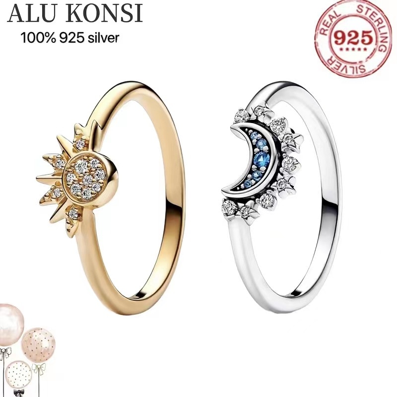 Fit Original Real 925 Sterling Silver authentic pan Sun and moon ring For Women couple rings DIY fashion wedding Jewelry