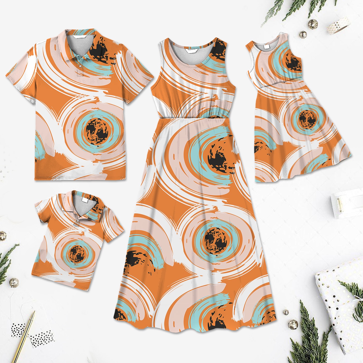 Family Matching Outfits All Over Floral Print Spliced Belted Dresses And Short-sleeve Colorblock Shirts Sets Family Look