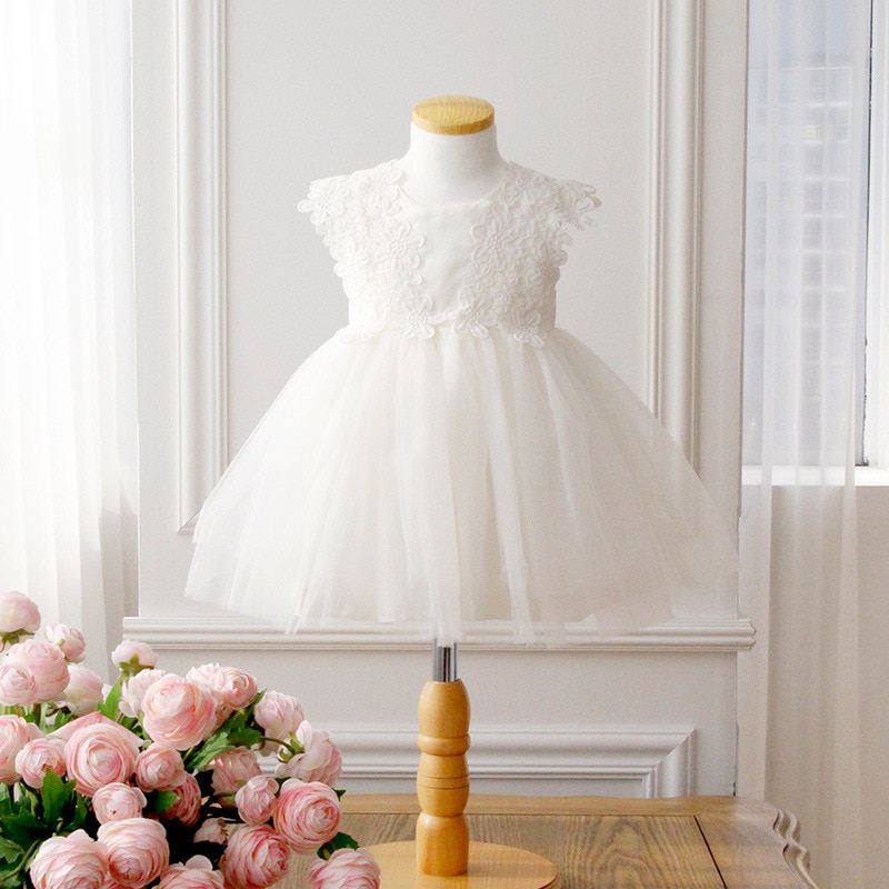 2023 White Lace Dresses Flower Girl Bow Cute Dress Sleeveless Gown Evening Party Girls Skirt Clothing Princess Costume For Eid