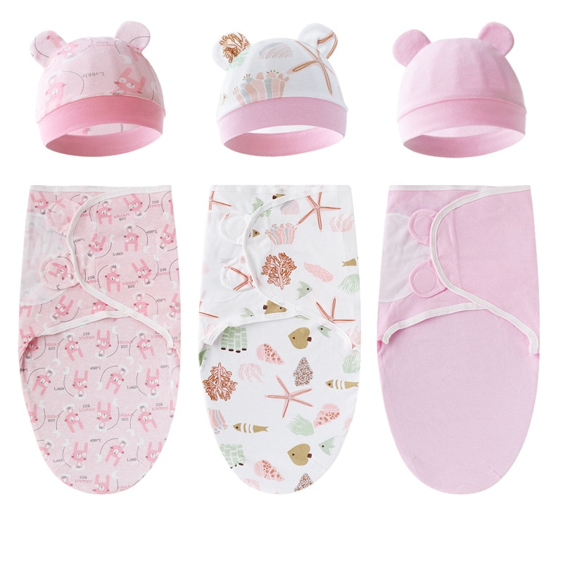 3Sets Newborn Swaddle Blanket Hat Set Cotton Baby Waddle Wrap Adjustable Infant Sleeping Bag 0-6M Baby Bedding Accessories 2023