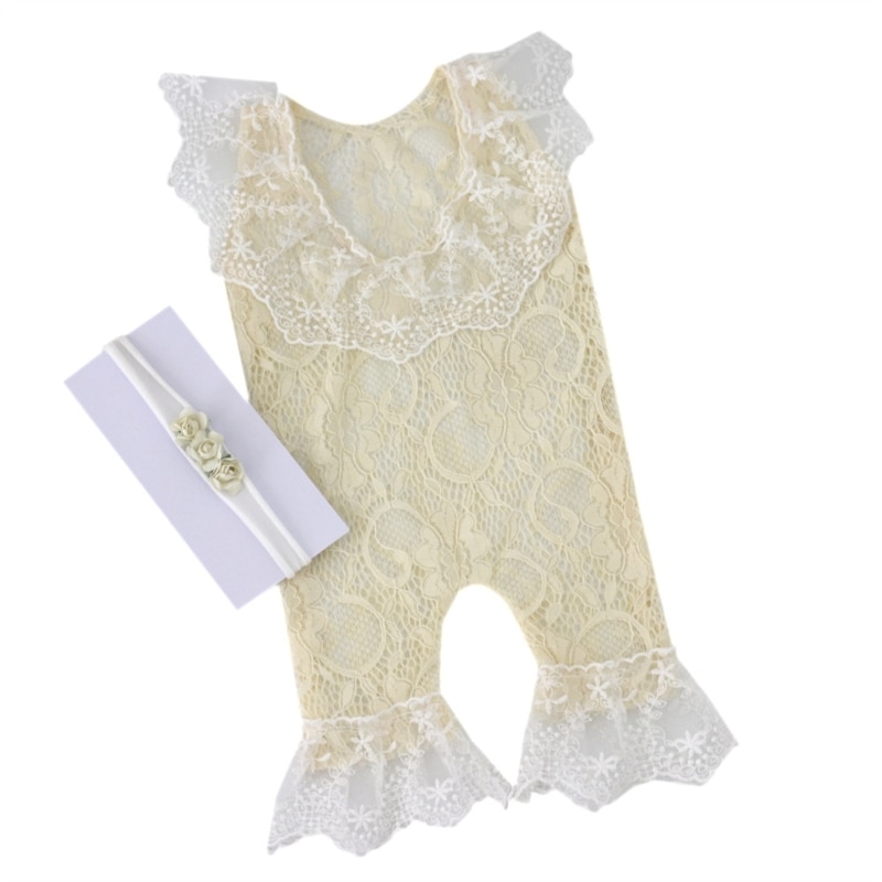 Lovely Newborn Baby Girls Photography Props Headdress Lace Outfits Photo Props Outfits Baby Bodysuits Headband P31B