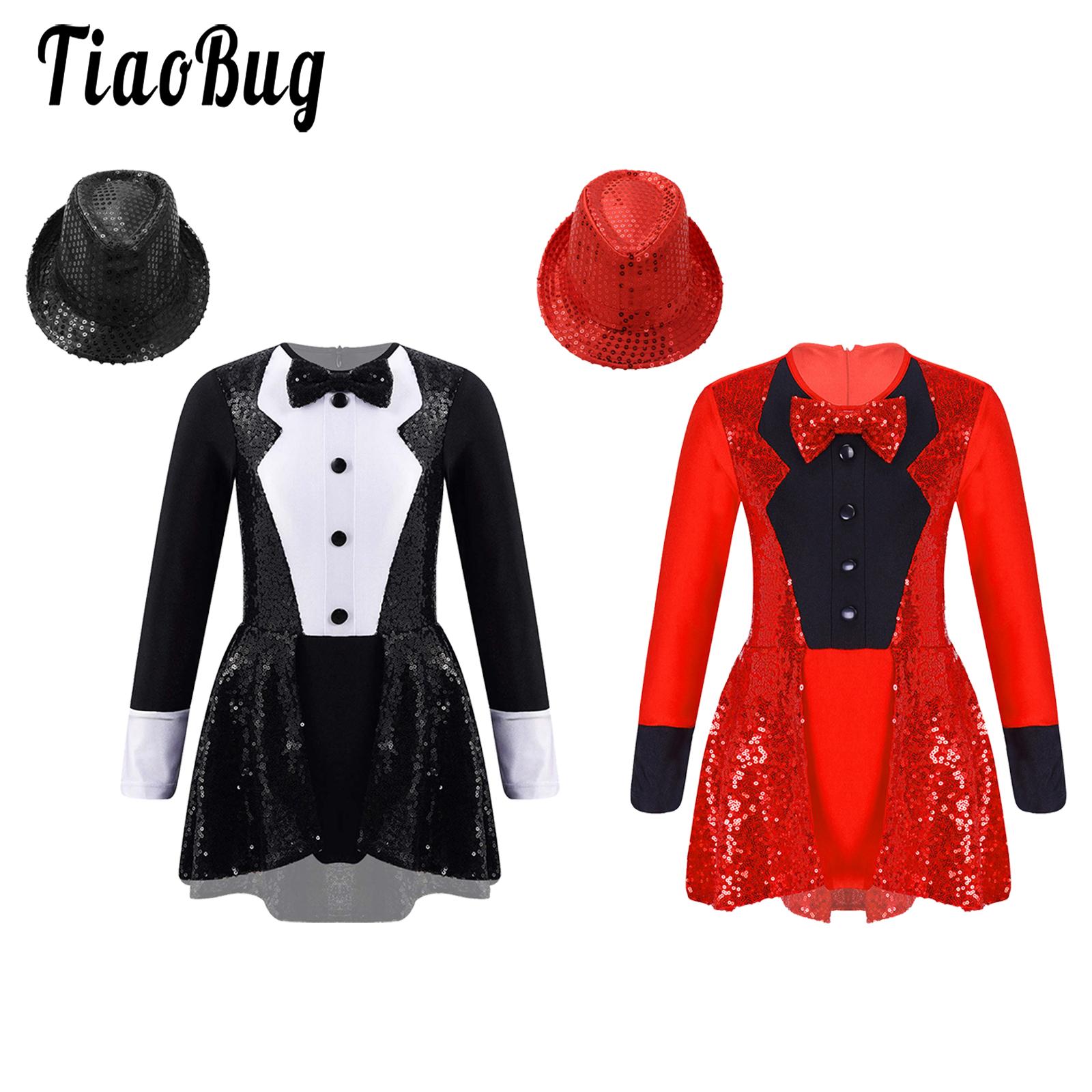 Kids Girls Modern Jazz Dance Leotard Dress Hat Long Sleeve Bowtie Tuxedo Circus Ringmaster Cosplay Halloween Costume Christmas