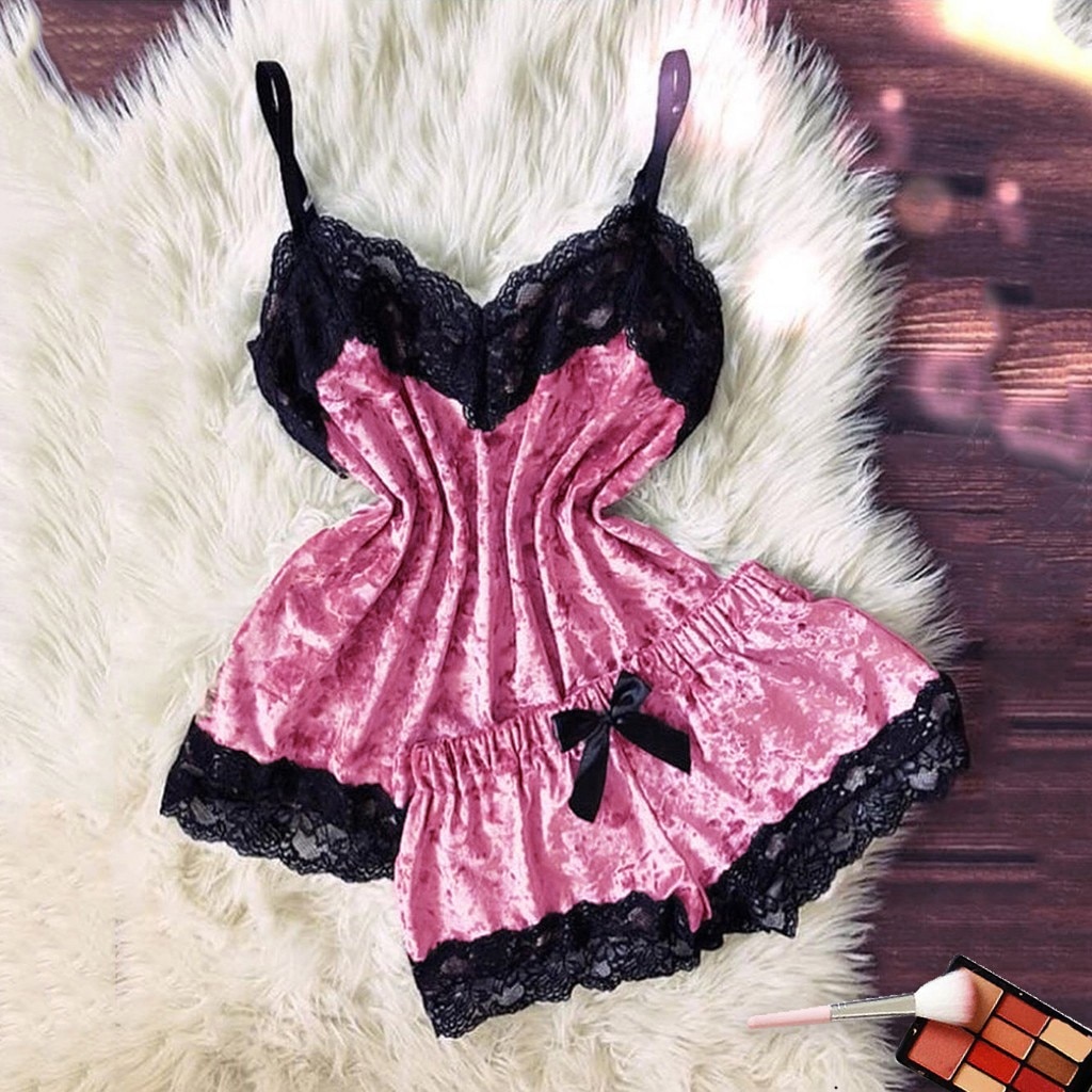 New Women Sexy Lingerie Camisole Bow Shorts V-Neck Tops Velvet Pajamas Sleepwear Female Underwear Sexy Bras Lingerie Set Panties