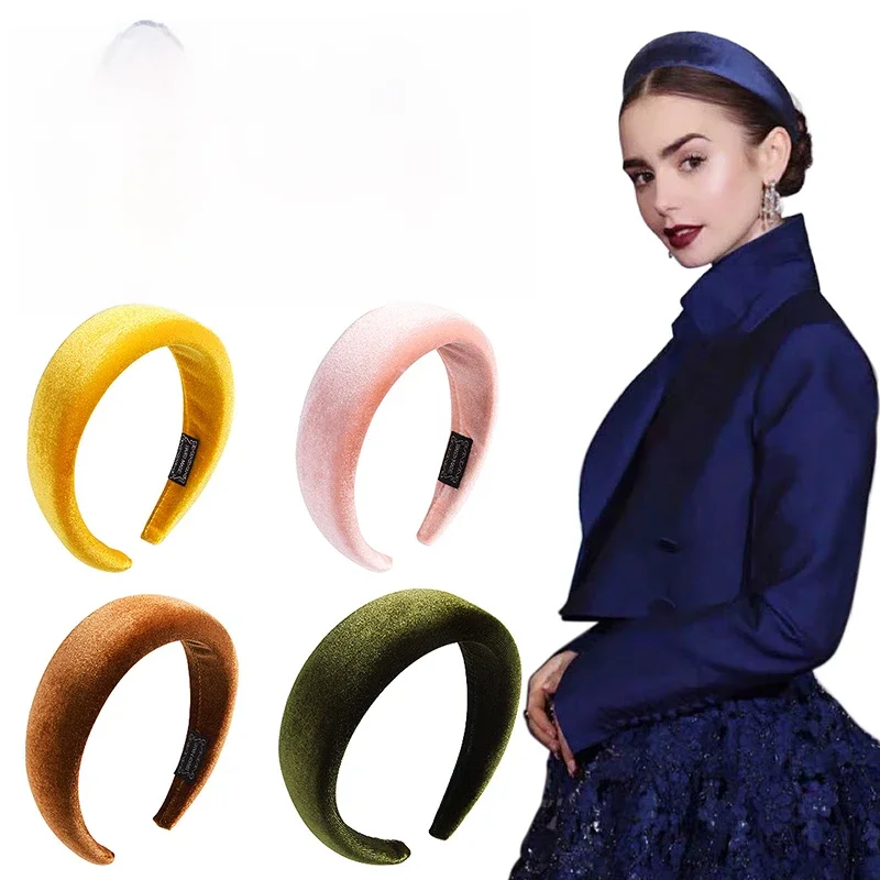 New Padded Headbands For Women Wide Velvet Bezel Hair Band Hair Hoop Girls Sponge Thick Solid Color
