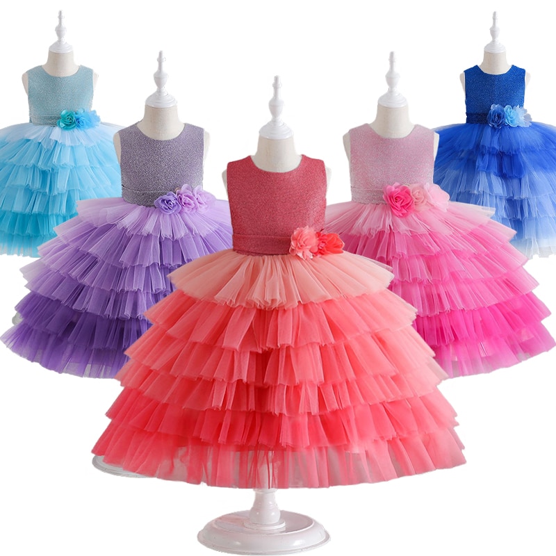 Summer Girl Fluffy Tiered Gradient Tulle Elegant Flower Dresses Christmas Children Birthday Party Host Pageant Ceremony Costume
