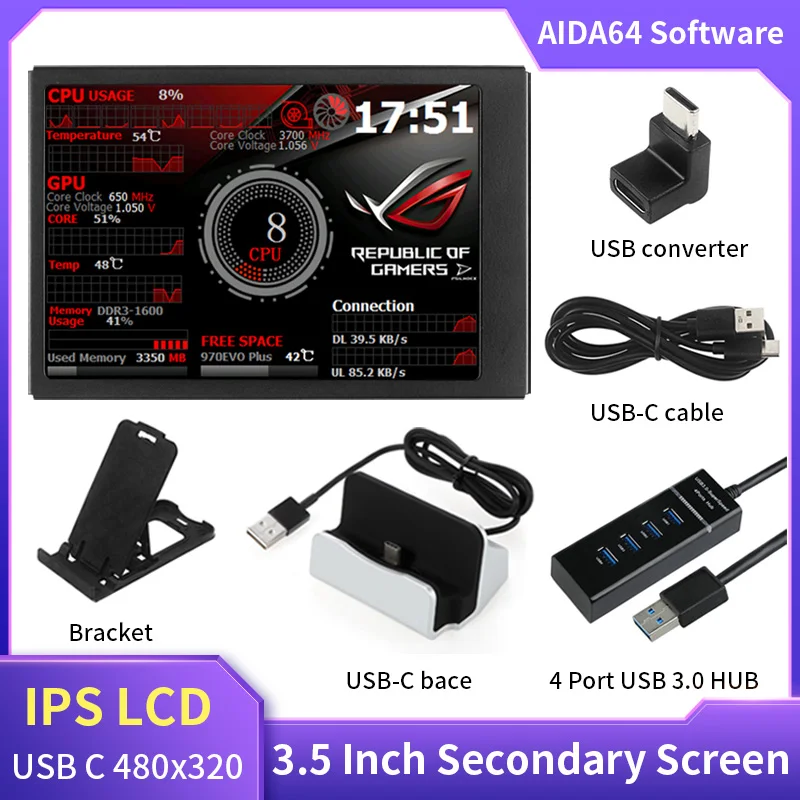 3.5 Inch IPS Display Type-C Secondary Screen 480x320 LCD for AIDA64 CPU RAM GPU Monitoring