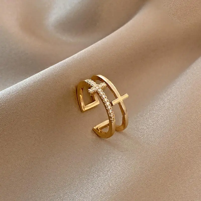 Fashion Double-Layer Cross Zircon Ring For Women Gold Silver Color Adjustable Finger Rings Bling