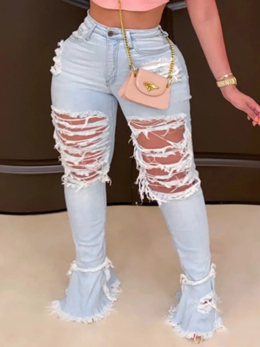 LW Plus Size Ripped Flared High Stretchy Jeans Streetwear Straight Pants Loose Wide Leg Pants Ladies
