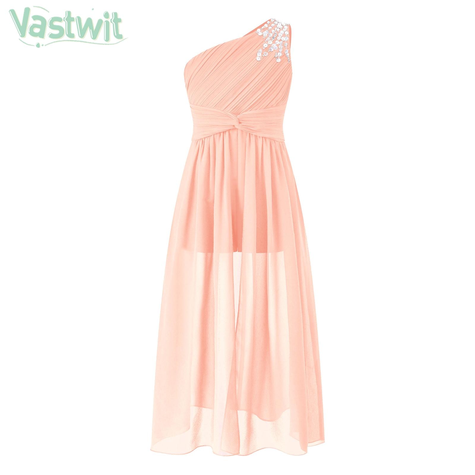 Kids Wedding Flower Girls Dress Birthday Prom Party Dresses Elegant Shiny Beaded One Shoulder Ruched Romper Skirt Princess Gown