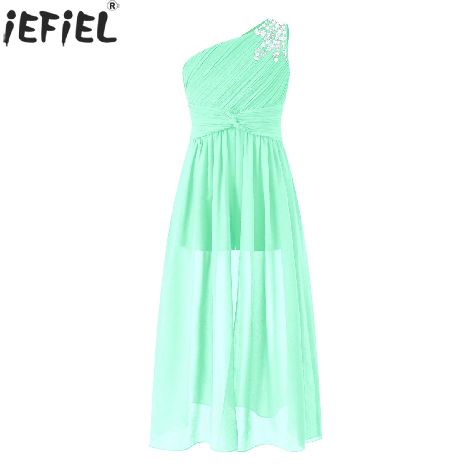 Teens Girls Elegant Shiny Beaded Party Dress One Shoulder Ruched Princess Romper Skirt Wedding Bridesmaid Birthday Prom Gown