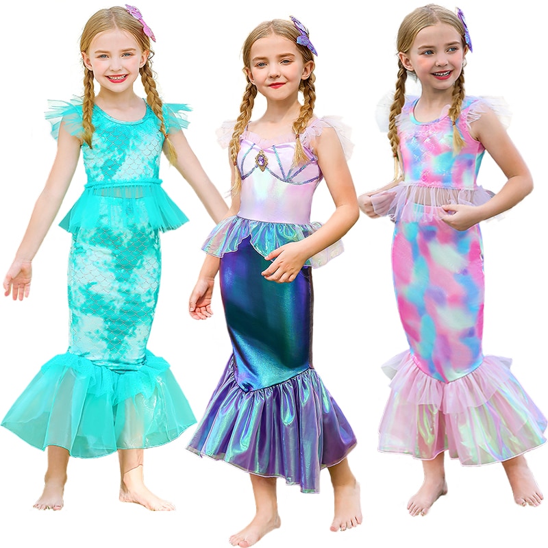 3Pcs/Set Fancy Girl Cosplay Little Mermaid Swimwear Halloween Holiday Kids Beach Party Rainbow Swimsuits Elegant Tail Swimsuit