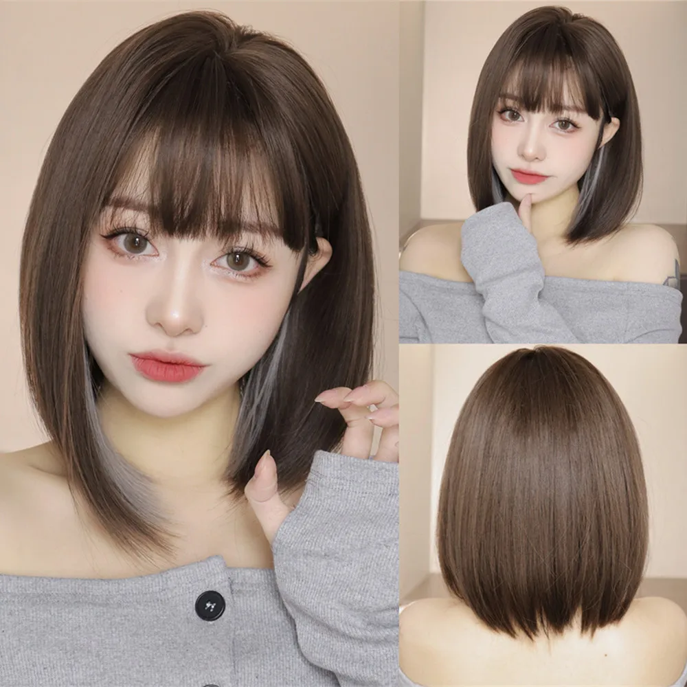 Short Brown Straight Synthetic Wigs with Bangs for Women Bob with Gray Highlights Hair Wig Daily