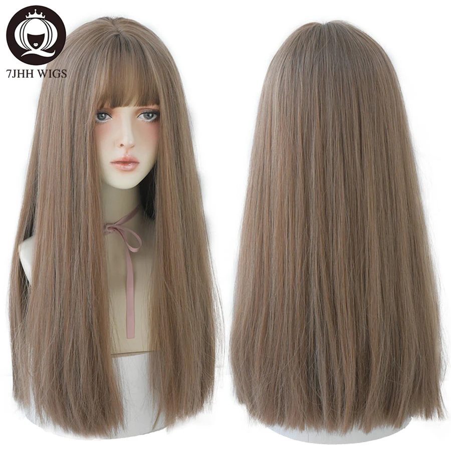 7JHHWIGS Long Straight Synthetic Light Brown Wigs With Bang For Women Heat-Resistant Daily Use Hair