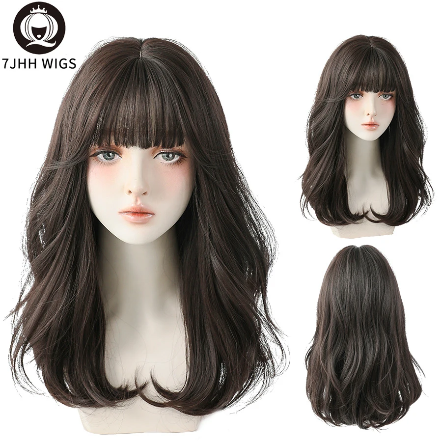 7JHH WIGS Long Wavy Curly Black Brown Synthetic Blend Wigs With Fluffy Bangs For Women's Daily Wear