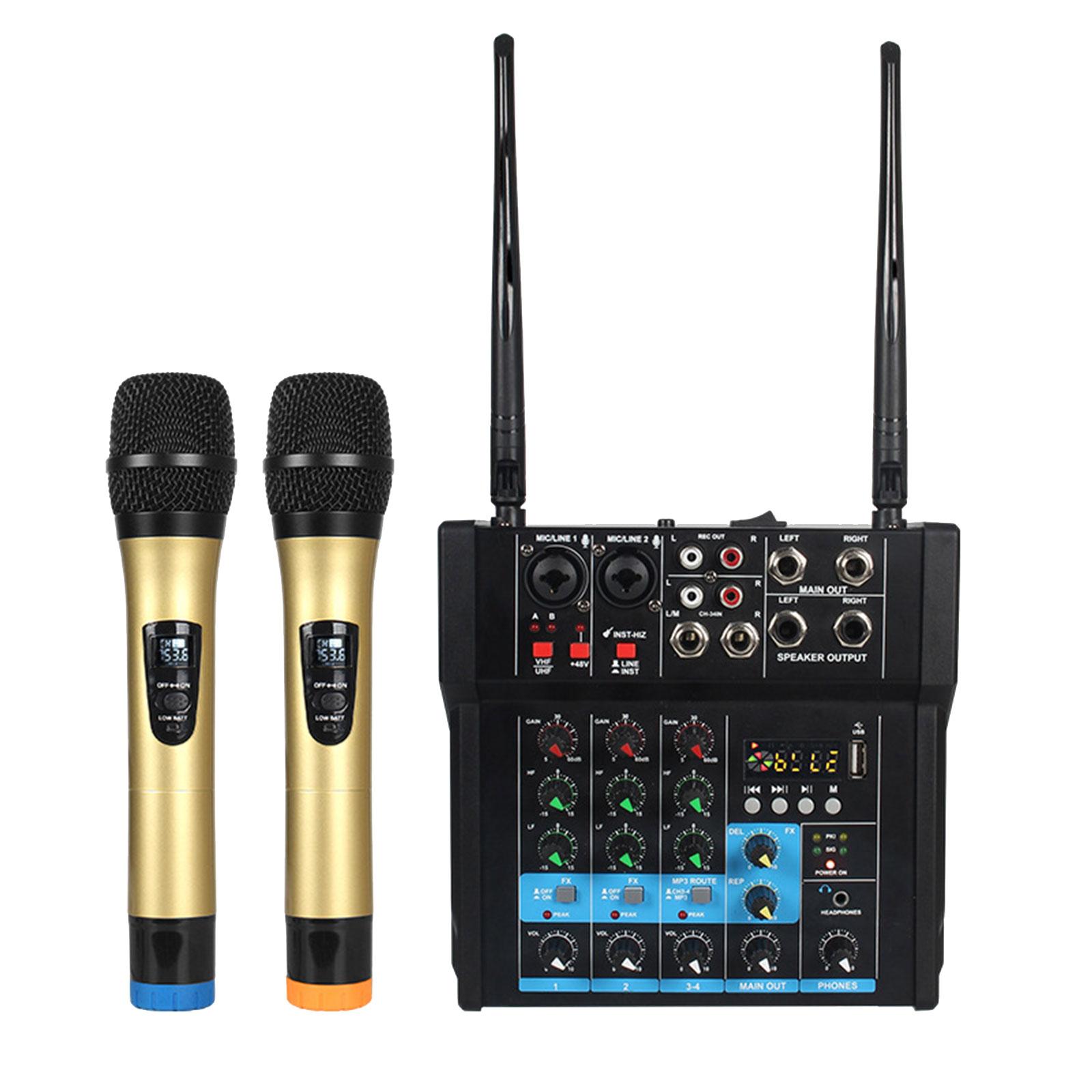 Audio Mixer with Dual Wireless Mic 4 Channel Sound Mixer Sound Board Console System for Studio Streaming Computer Recording
