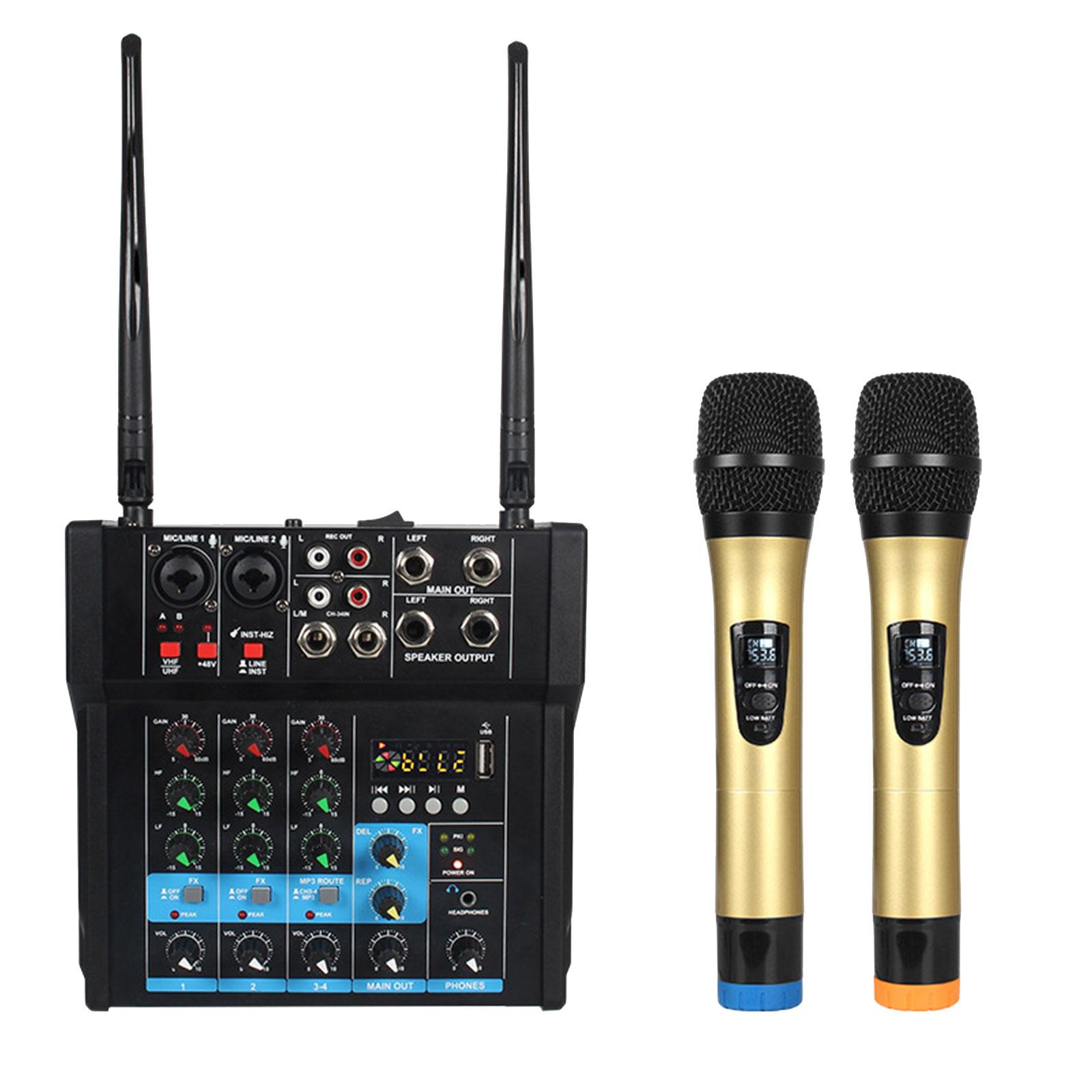 Audio Mixer Amplifier with Dual Wireless Mic 4 Channel Sound Board Console for Home Studio Karaoke Computer Recording DJ Mixing