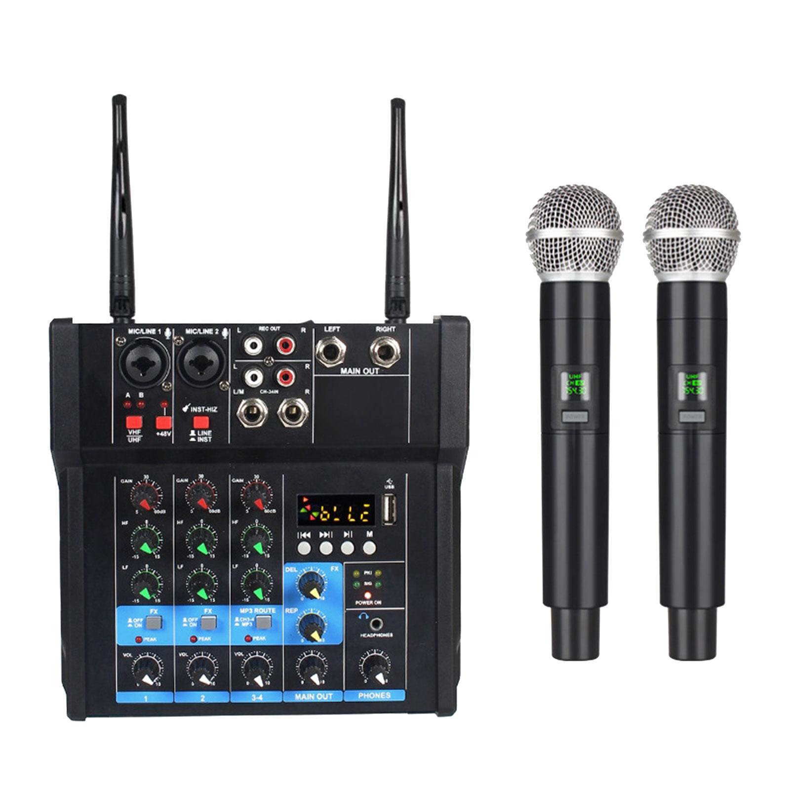 Audio Mixer Amplifier with Wireless Microphones Professional 48V Phantom Power Sound Mixer for Party Karaoke PC Recording Studio