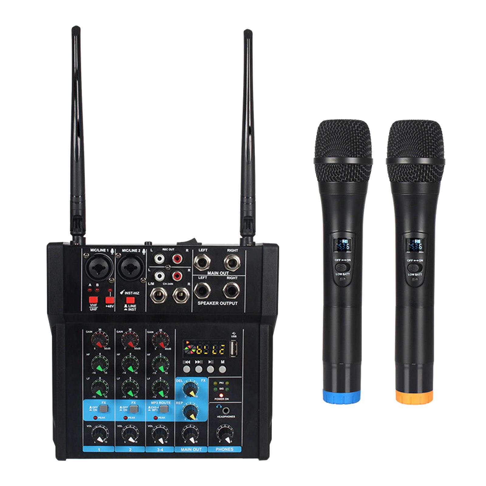 Audio Mixer with Dual Wireless Mic Professional Portable USB MP3 Bluetooth Sound Board Console for Party Computer Recording Home