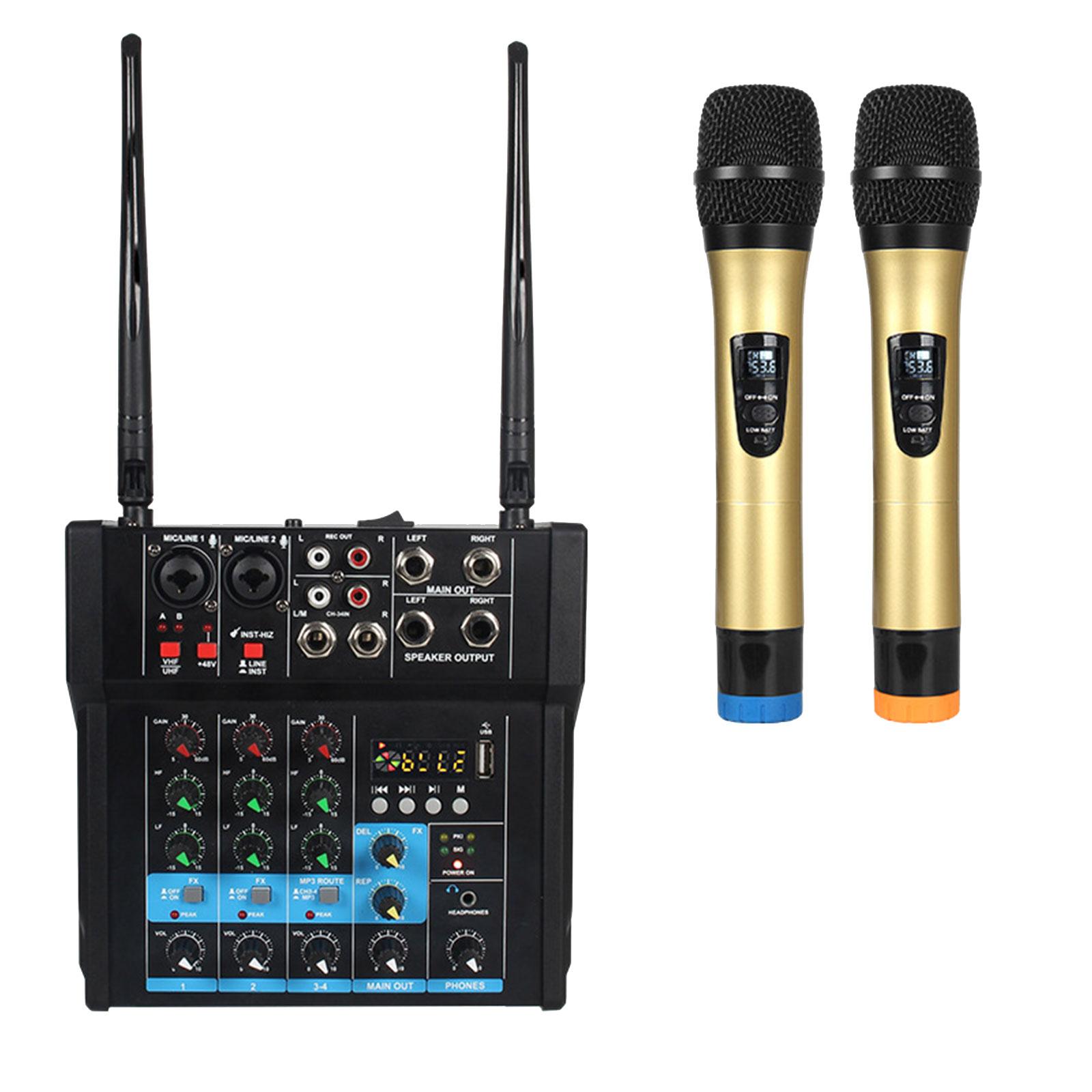 Audio Mixer Amplifier with Wireless Microphones Portable Sound Board Console for Karaoke Live Streaming Recording Home Studio