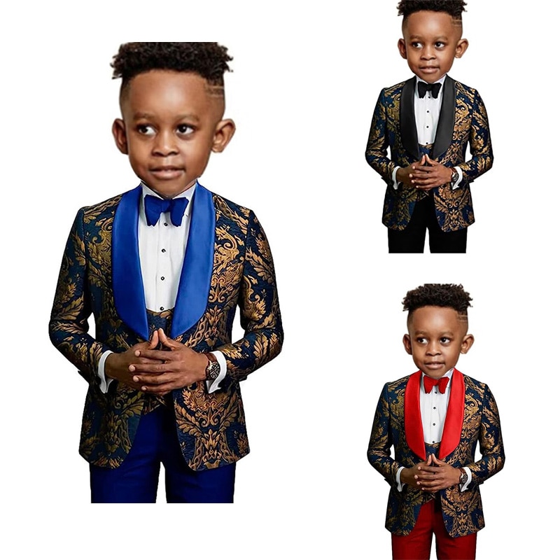 High Quality Boy's Suits Single Breasted Shawl Lapel Golden Flowers Three Piece Jacket Pants Vest Vetement Enfant Garcon