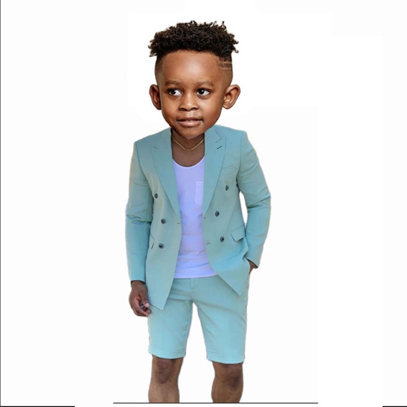 Blue Suits For Boys Wedding Costume Kids Children Summer Two Piece Jacket Pants Single Breasted Peaked Lapel Costume Enfant