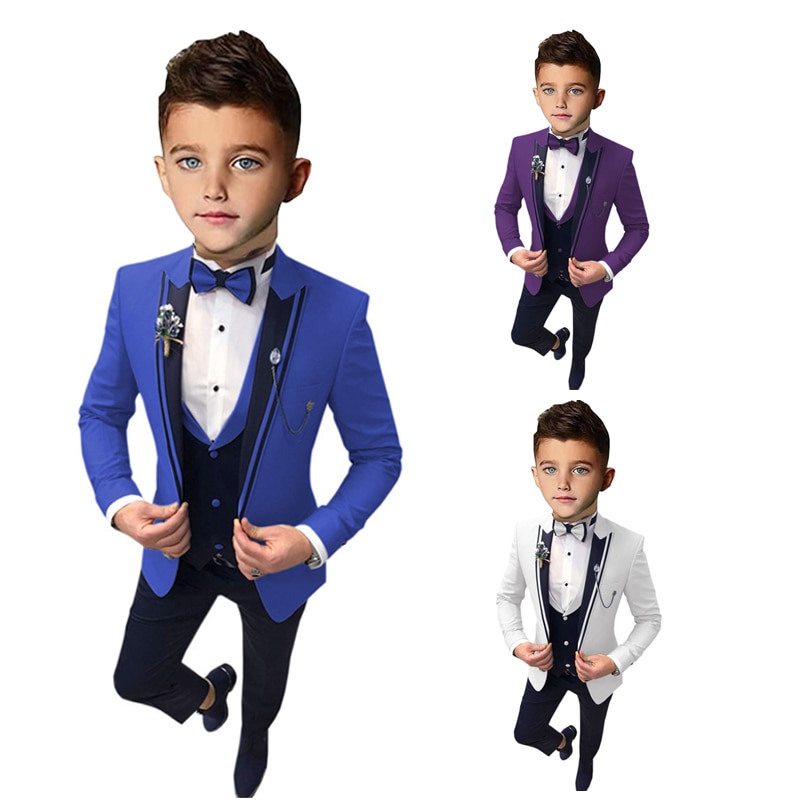 Luxury Boy Suits Blue Terno Regular Wedding Costume Single Breasted Peaked Lapel Three Piece Jacket Pants Vest Slim Fit Kids