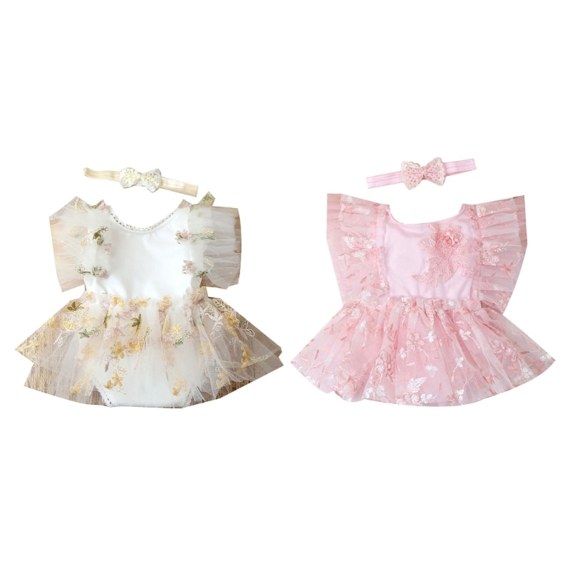57EE Infant Photography Props Lace Romper Bowknot Headdress Baby Photo Suit Photoshooting Props Clothes Newborns Shower Gift