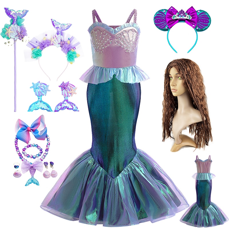 Fancy Little Mermaid Dress for Girl Halloween Cosplay Rainbow Ariel Princess Stage Performance Birthday Party Masquerade Costume
