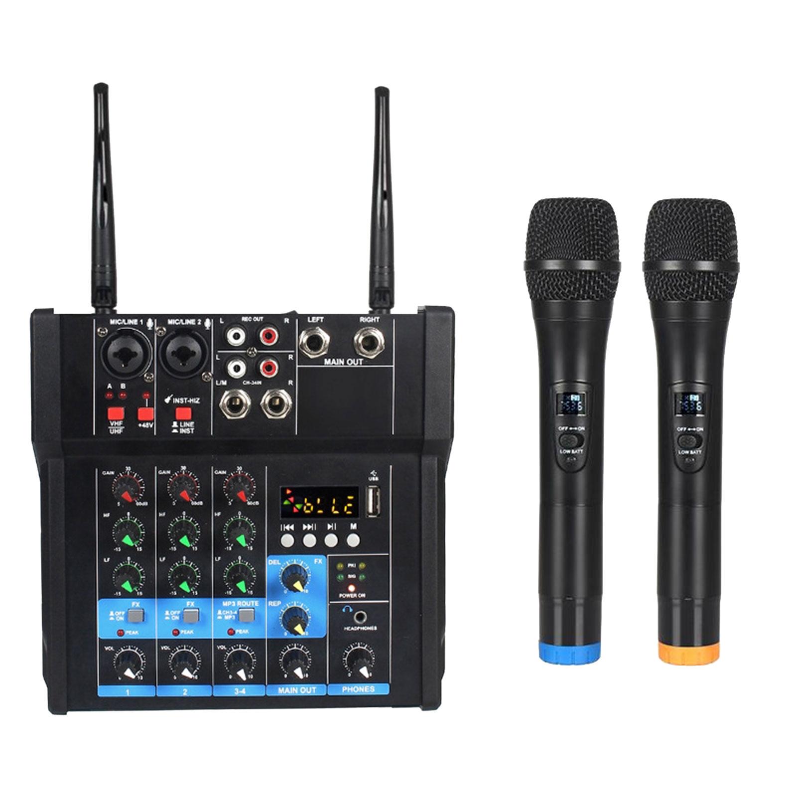 4 Channel Audio Mixer with 2Pcs Wireless Mic 48V Power Sound Mixing Console for Recording Live Streaming Home Party EU Adapter