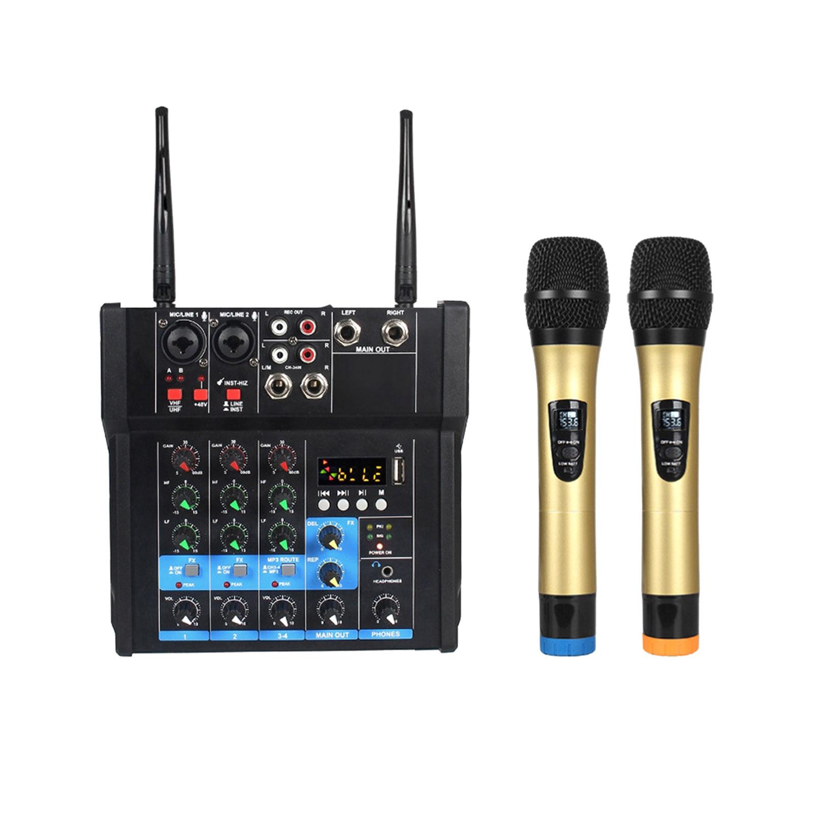 Audio Mixer with 2 Wireless Microphones Professional Portable 48V Power Sound Mixing Console for Home Live Streaming Recording