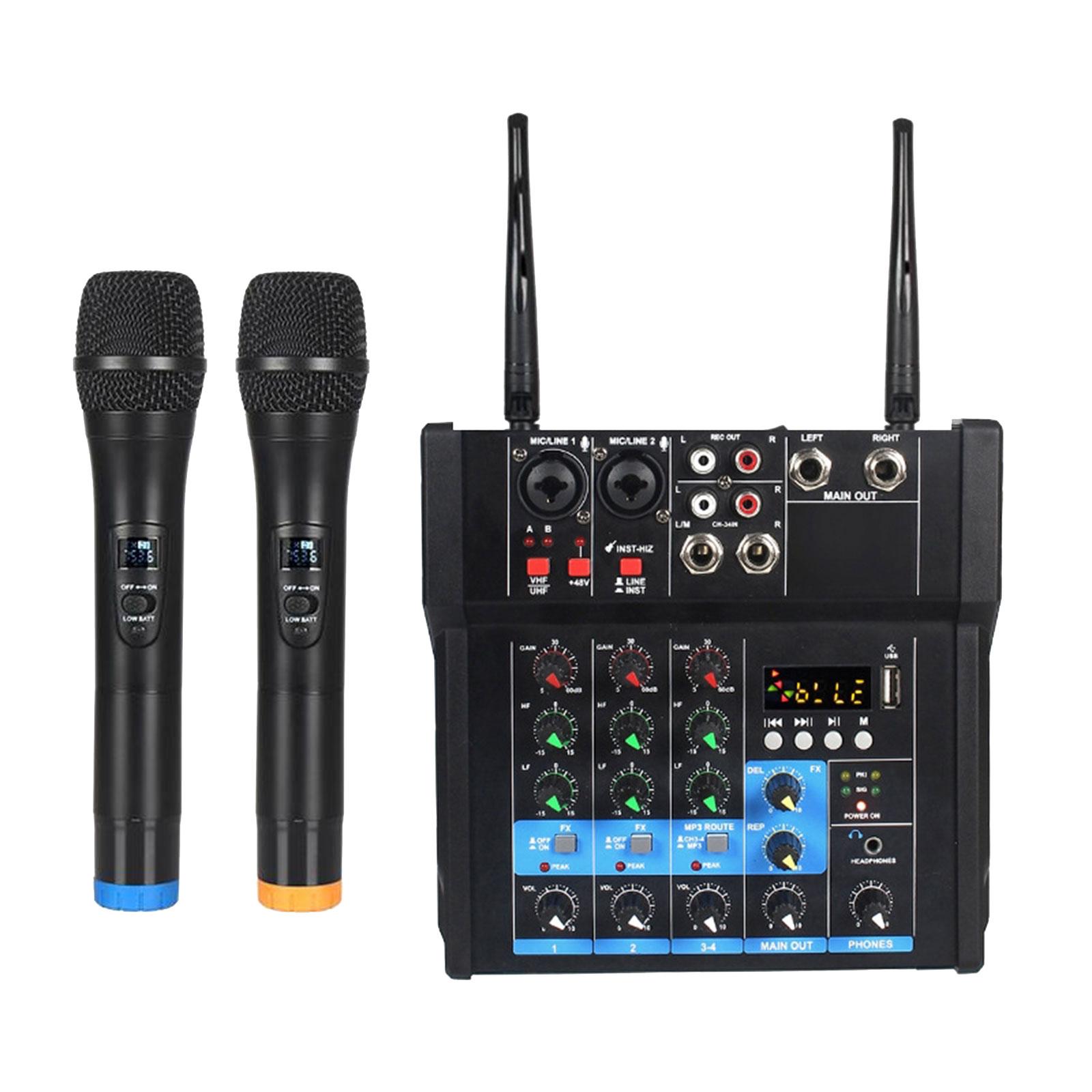4 Channel Audio Mixer with Dual Wireless Microphones Sound Board Console for Live Streaming Studio Computer Recording EU Adapter