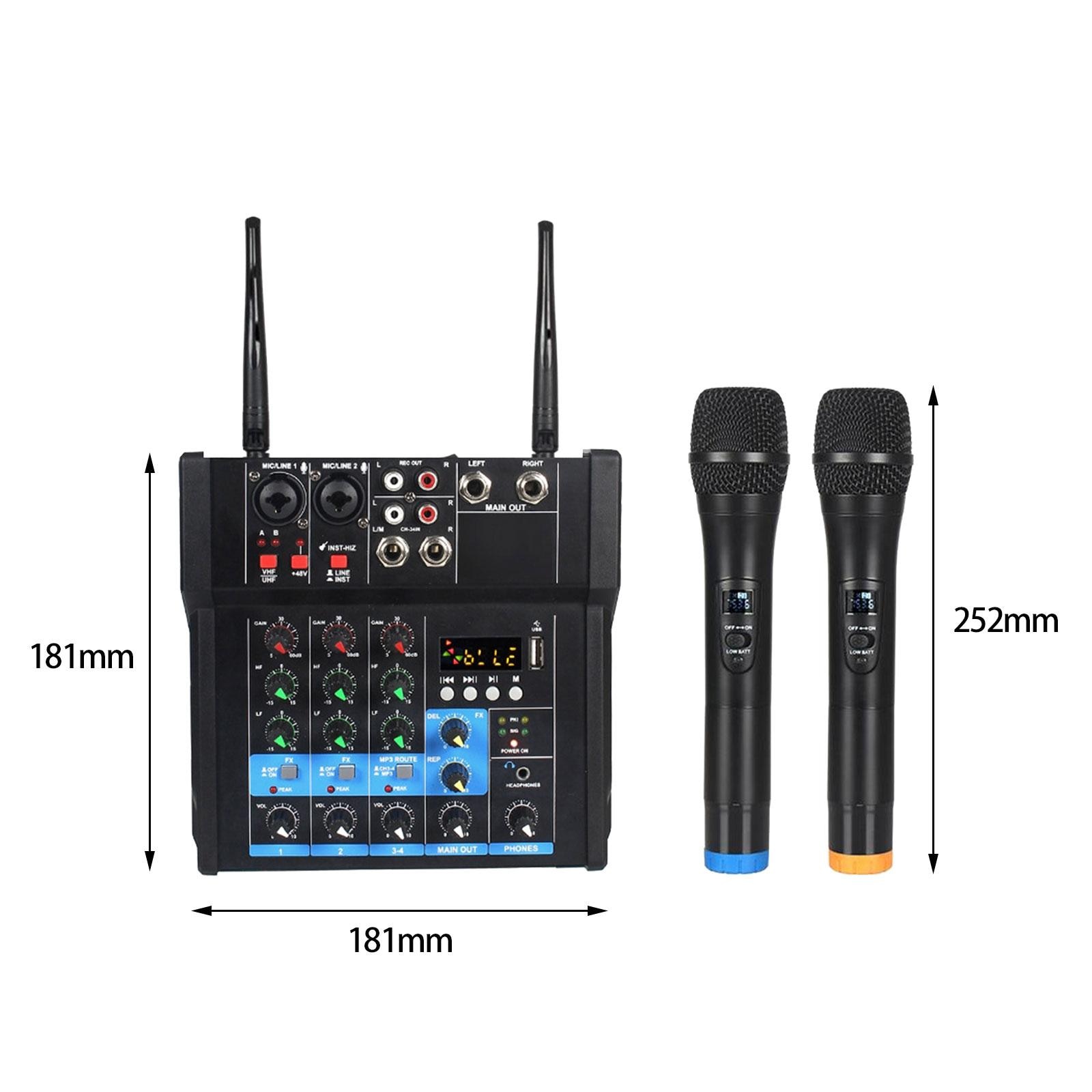 4 Channel Audio Mixer with 2 Wireless Microphones Sound Mixer for Studio DJ Mixing Computer Recording Live Streaming EU Adapter