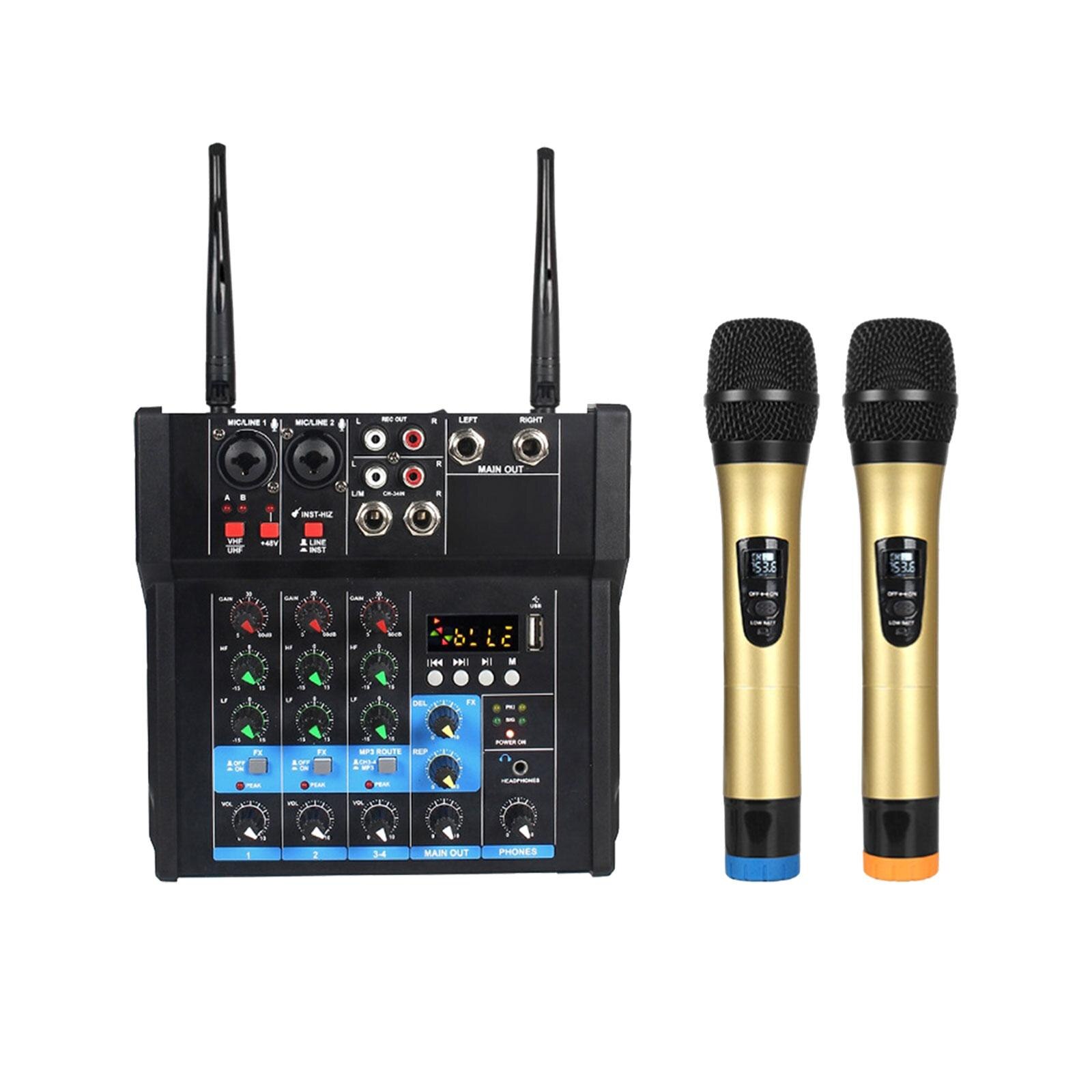 4 Channel Audio Mixer with Dual Wireless Mic 48V Power USB Sound Mixer for Home Live Streaming DJ Mixing PC Recording US Adapter