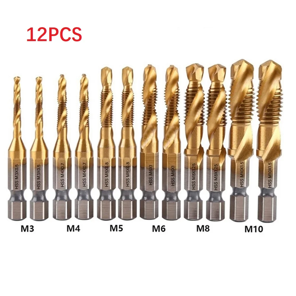 12pcs Titanium Coated HSS Tap Drill Bits Set Hex Shank Screw Thread Bit Screw Machine Compound Tap
