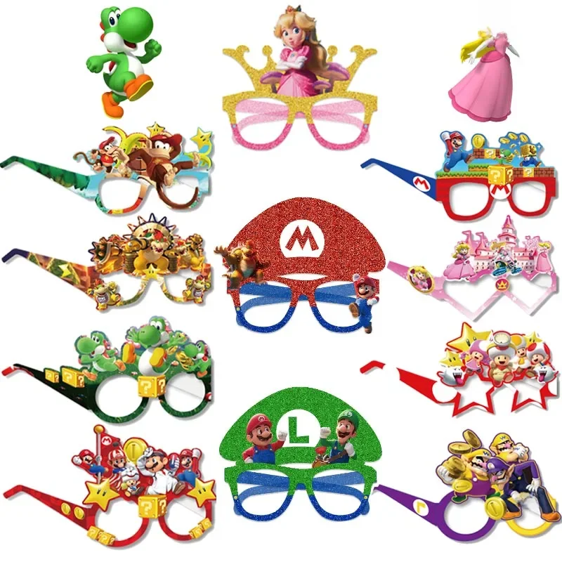 12/8pcs Super Mario Bros Theme Paper Glasses for Children's Birthday Party Funny Cosplay Prop
