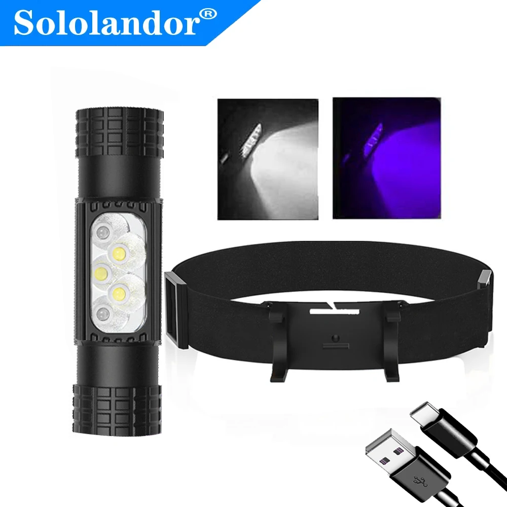 395nm UV LED Mini Headlamp High Power White Purple Light Headlight Type-C 18650 Head Torch