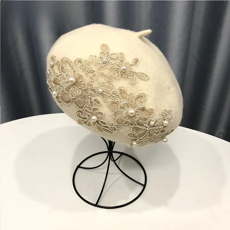 VISROVER winter wool beret with lace and pearls female wool cap winter autumn spring hat solid color