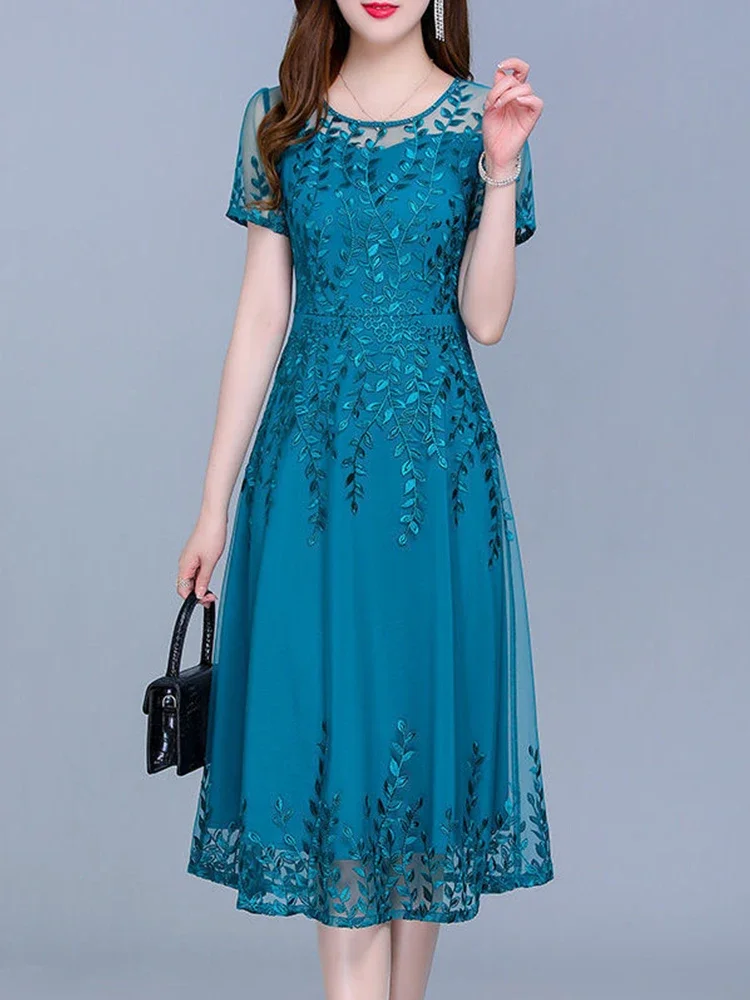 Blue Casual Chiffon Mesh Korean Long Dress Summer Women 2023 New Tunics Midi Fashion Elegant Prom