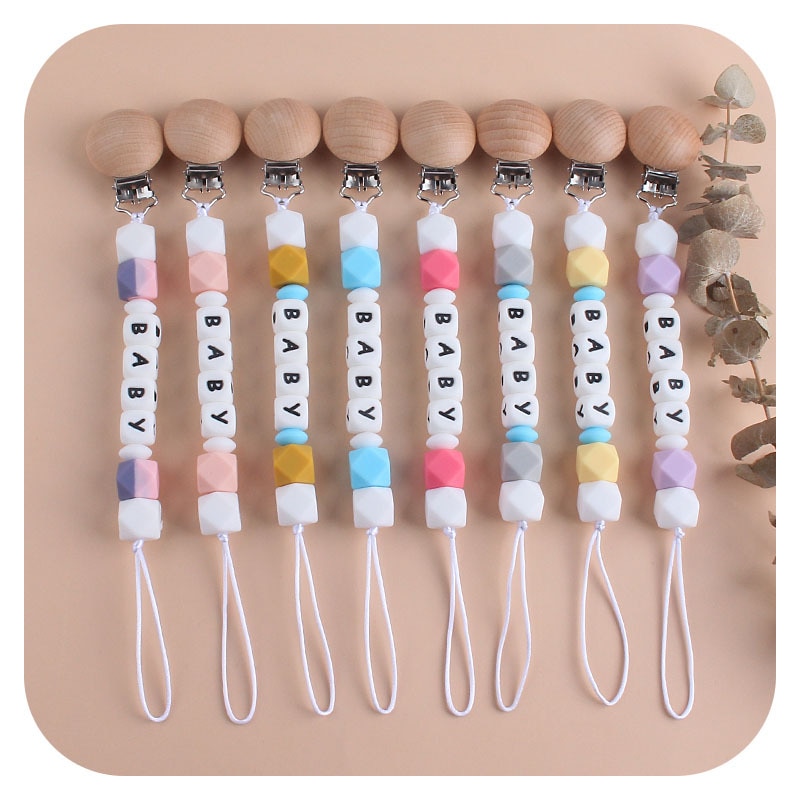 Free Personalized Name Silicone Baby Pacifier Clip Chains Wooden Dummy Holder Newborn Nipple Chain Pendant Gifts