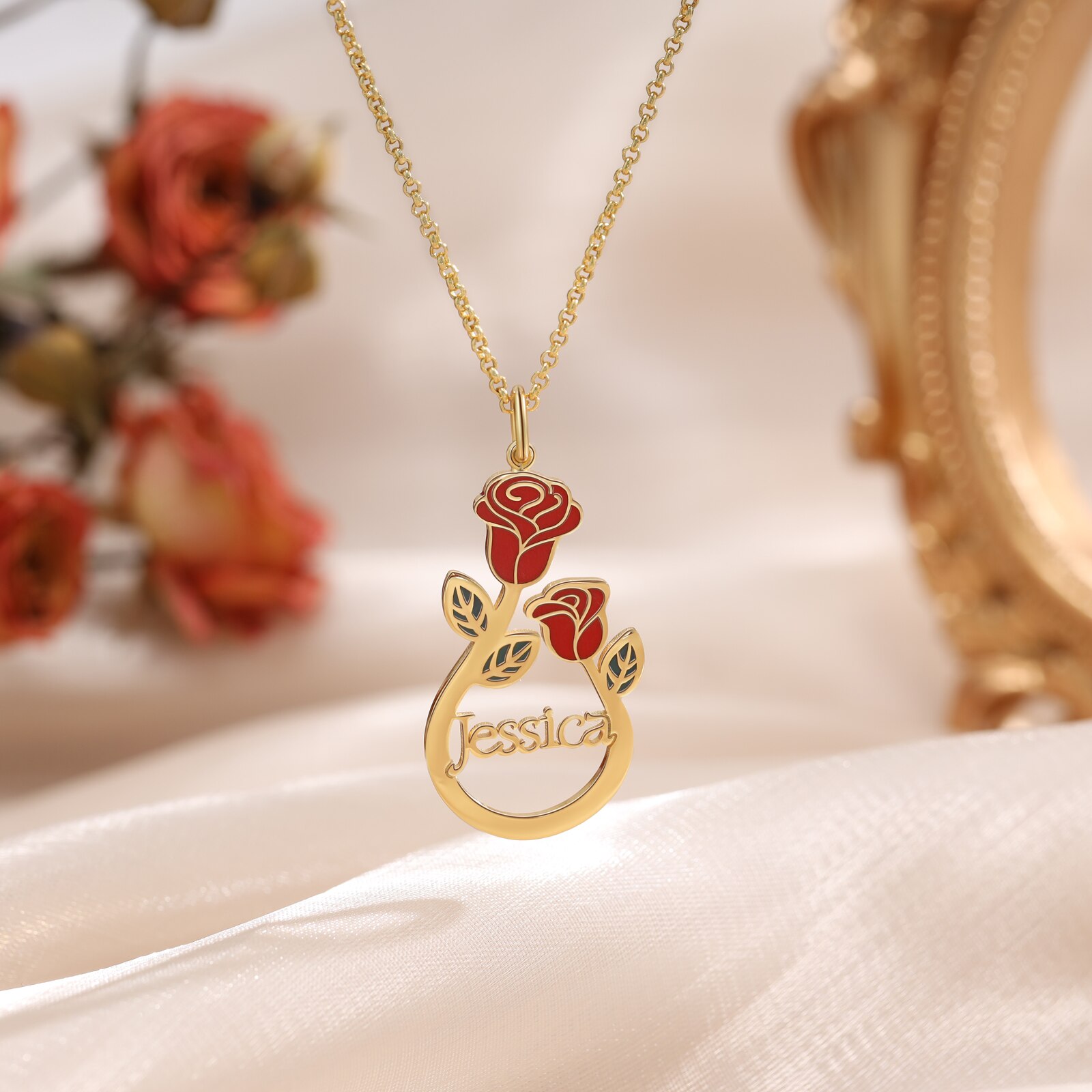 Enamel Rose Name Necklace Personalized Teardrop Necklace for Her Stainless Steel 18K Gold Plated Name Pendant Bestfriend Gifts