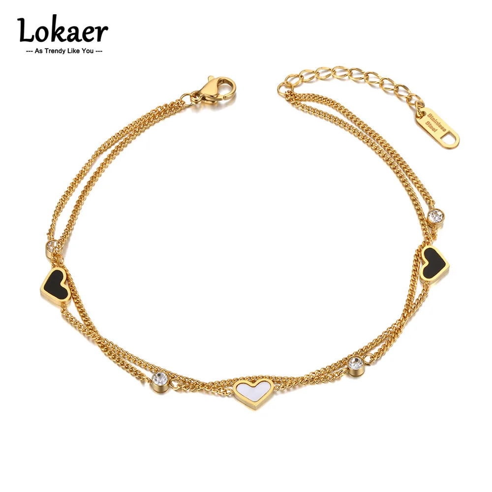 Lokaer Goth Double Layer Black White Heart Charm Anklet For Women 18K Gold Plated Stainless Steel CZ