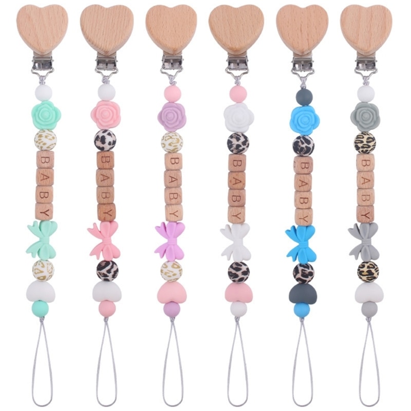 Baby Pacifier Chain Beech Wood Clip Teething Chain Nipple Holder Bowknot Charm Chewable Pendant Newborn Accessory