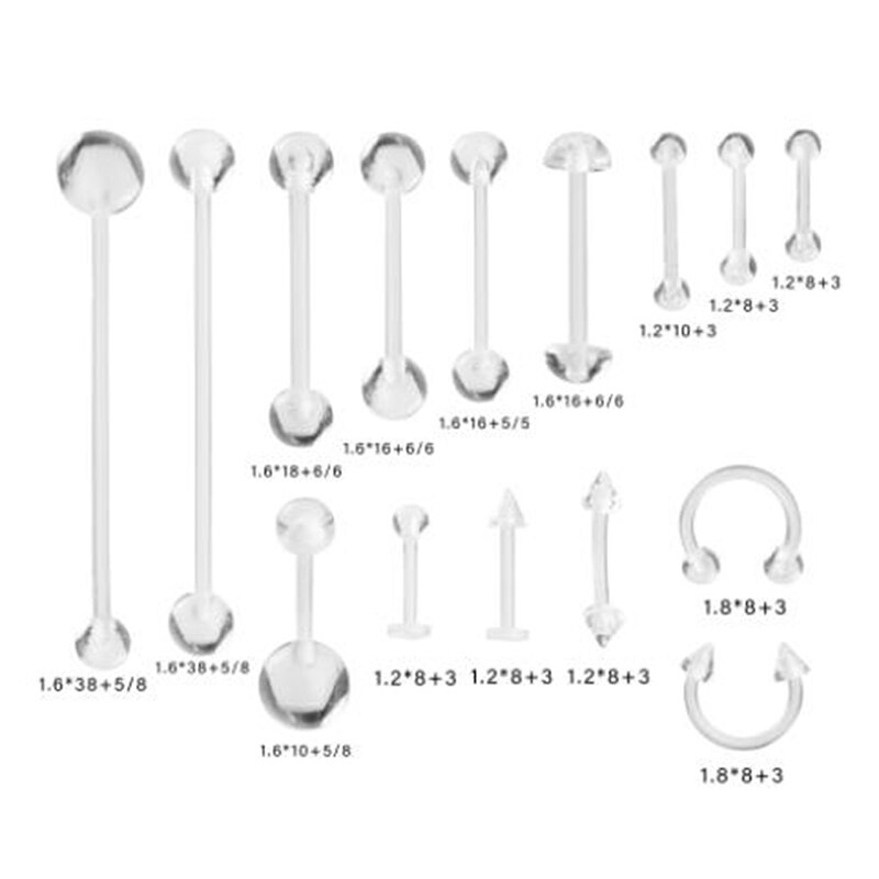15Pcs Clear Belly Ring Earring Lip Ring Tongue Barbell Nipple Bar Body Piercing