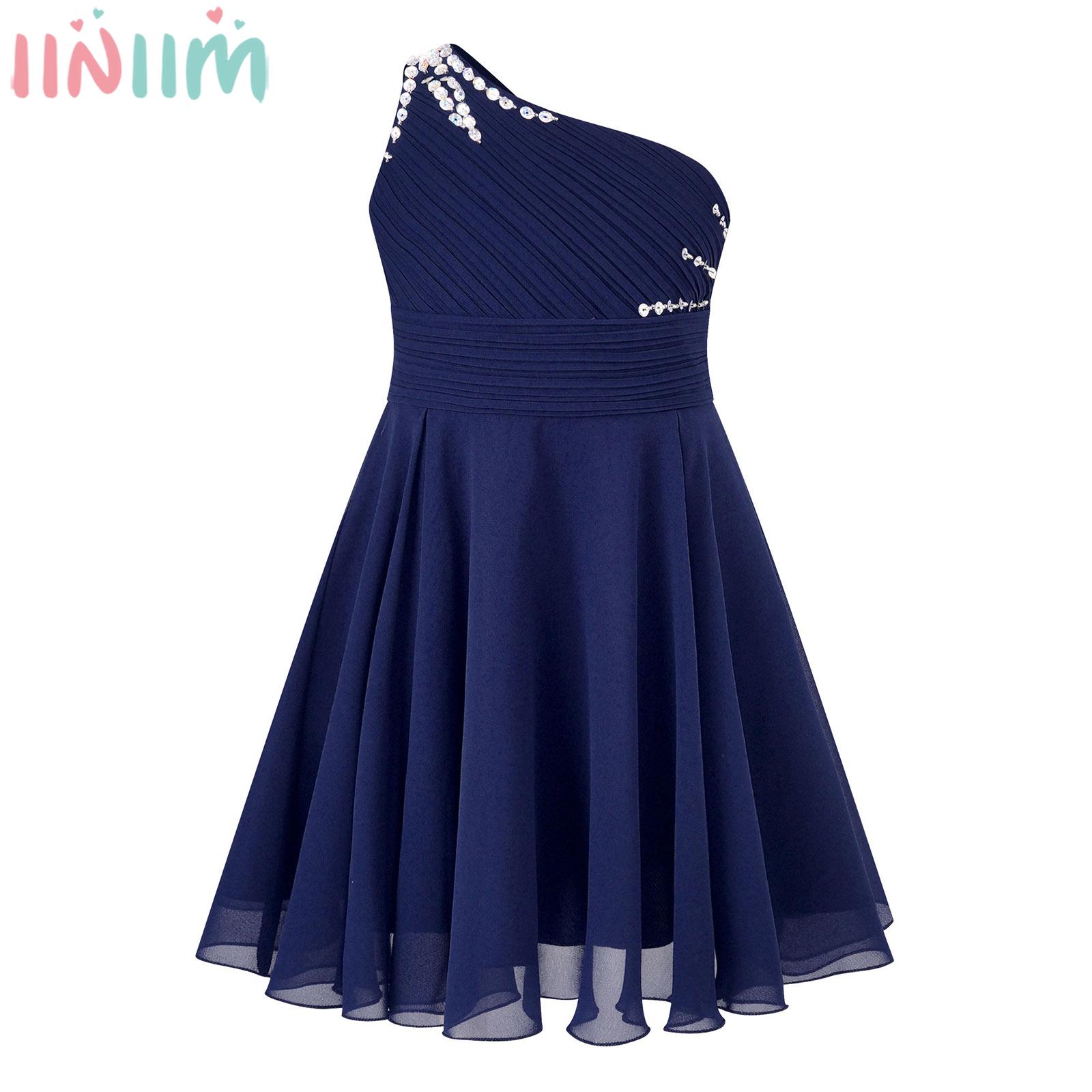 Kids Girls Glitter Beaded Party Dress Sleeveless One Shoulder Ruched A-Line Chiffon Princess Dress for Wedding Birthday Pageant