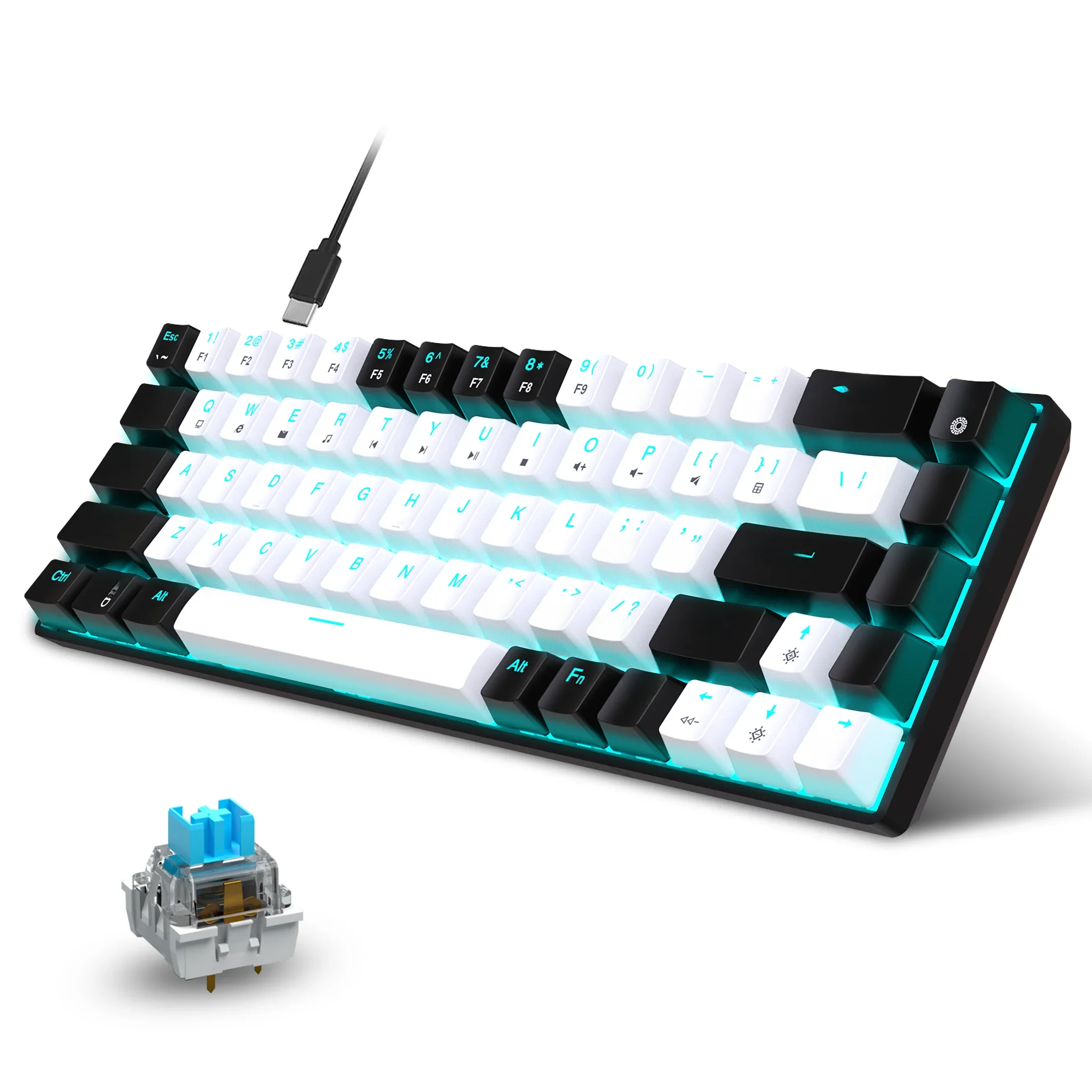 68 Keys Mechanical Keyboard Ergonomics RGB Backlit LED Hot Swappable Blue Switch Gaming Keyboard for