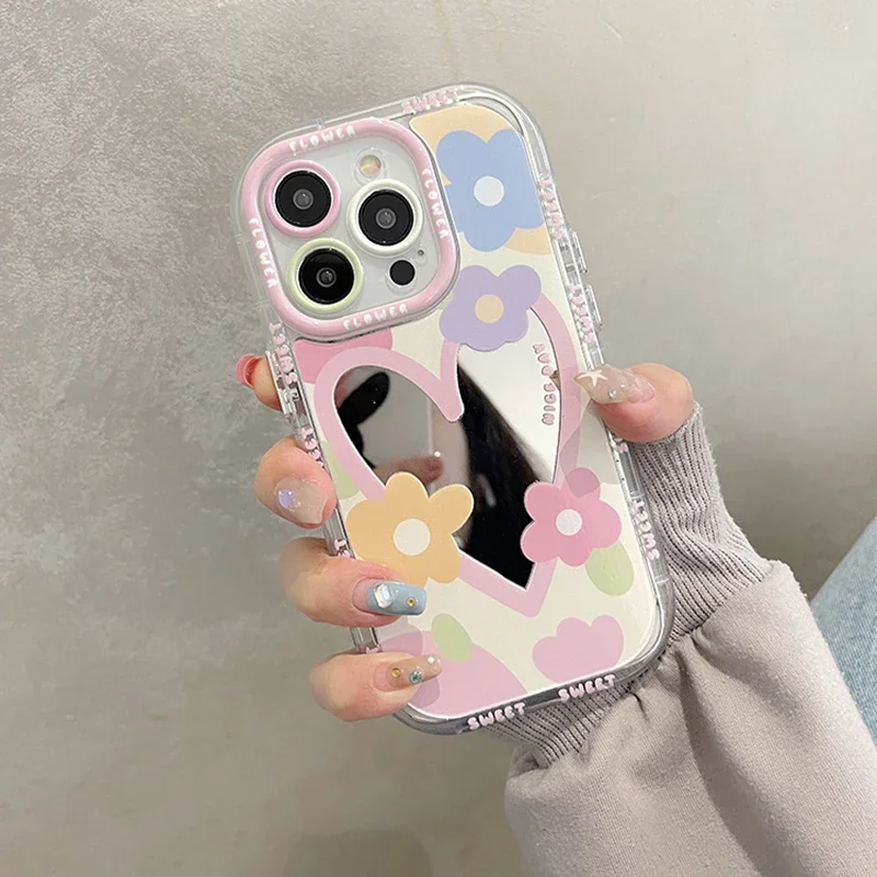 Korean Sweet Love Heart Flowers Mirror Phone Case For iPhone 14 13 12 11 15 16 Pro Max Lovely Hard